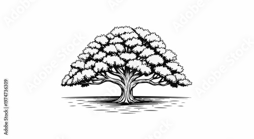 A stylized black and white drawing of a large, mature tree with dense foliage
