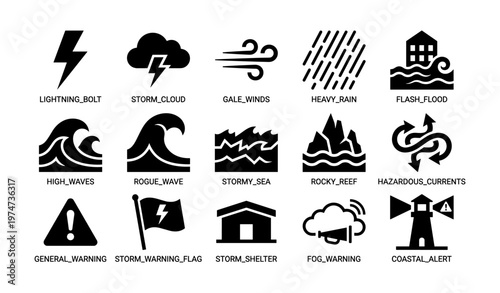 Weather warning icons set with storm, flood, and safety symbols