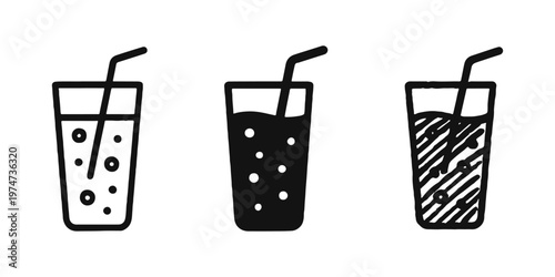 Fizzy Drink Glass with Straw Icon Set - Refreshing Carbonated Beverage Symbol in Outline and Solid Styles