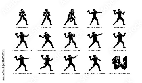 Silhouettes illustrating diverse american football quarterback techniques