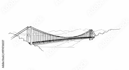 Stylized sketch of a suspension bridge spanning a valley, with hills in background