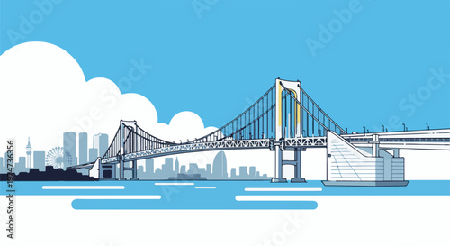 A suspension bridge spans a body of water with a city skyline and clouds in the background