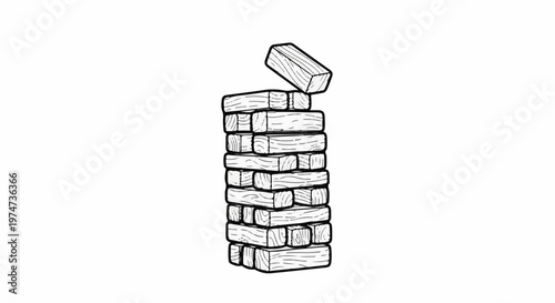 A tower of wooden blocks, one precariously placed on top