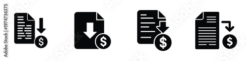Set of Document Download with Dollar Symbol Icons – Financial Transaction, Online Payment, Invoice Download, Money File, Economic Data, Payment Process, Financial Report Vector Illustration