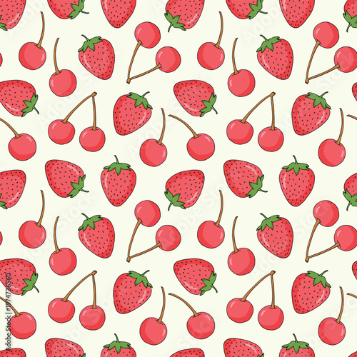 Cherry and strawberry, berry seamless pattern. A fruity summer background. Vector illustration, doodle.