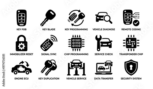 Vehicle diagnostic icons: key fob, programming, service check, security system