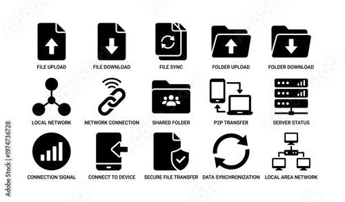 File management and network icons collection for digital connectivity
