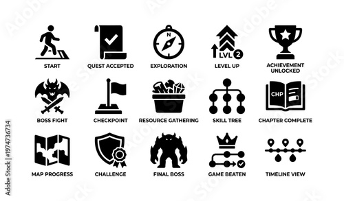 Video game icons set: quest, exploration, level up, boss fight, achievements