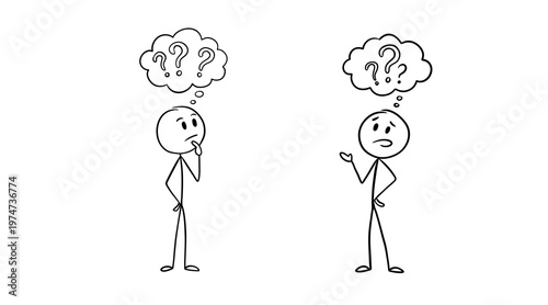 Tableau sur toile Two Stick Figures Puzzled with Multiple Question Marks Thoughts Over Transparent Background