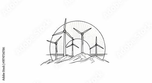 Stylized drawing of wind turbines on a mountain range under a sunburst