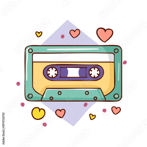 Retro cassette tape with heart shapes and colorful dots around a geometric background