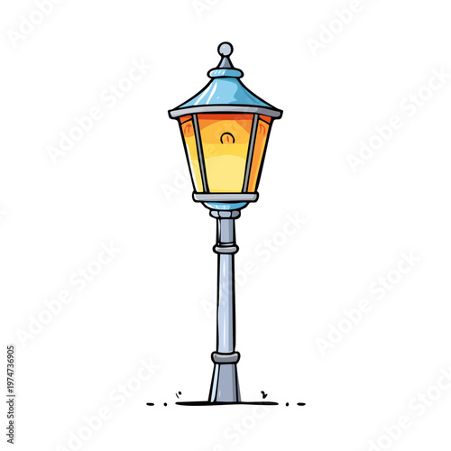 Ornate vintage street lamp glowing with warm light illuminating an outdoor scene in a retro style.