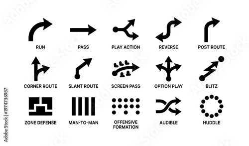 Football play icons set: strategies and routes for offensive and defensive plays