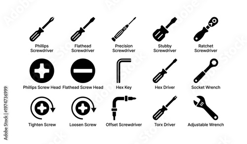 Various screwdrivers and wrench tool icons set with screw heads and uses