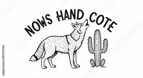 Stylized coyote howls near a saguaro cactus, with text above