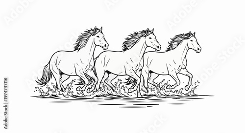 Three horses gallop through splashing water with flowing manes