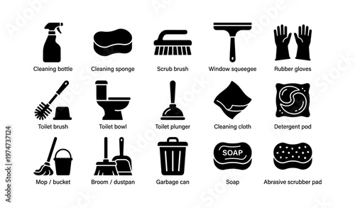 Cleaning tools and supplies icons: brushes, sponges, toilets, and more