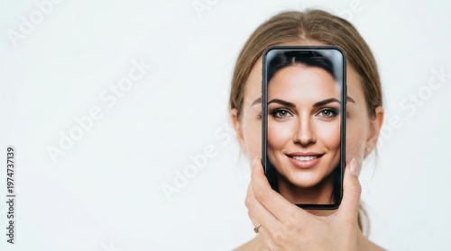 Woman holding a smartphone with a deepfake face on the screen. Digital identity and social media filter concept. Virtual reality and facial recognition technology. Copy space for text