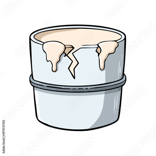 Cracked food container with overflowing creamy substance and drips