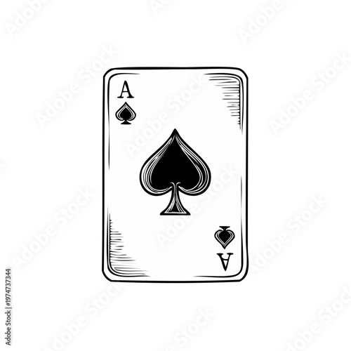 Hand drawn illustration of an Ace of Spades playing card in black and white sketch style
