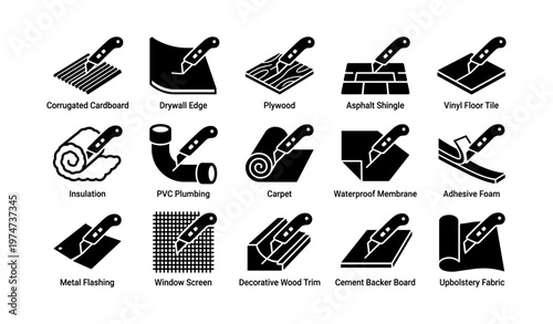 Utility knife cutting materials icons: cardboard, drywall, plywood, tile, insulation, more
