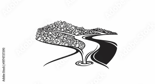 Stylized landscape with river flowing from rocky terrain into water