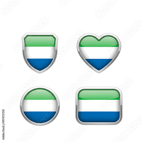 Free Download Sierra Leone flag badges in shield, heart, circle, and rounded square shapes with chrome trim on a white background. - GFXLoad