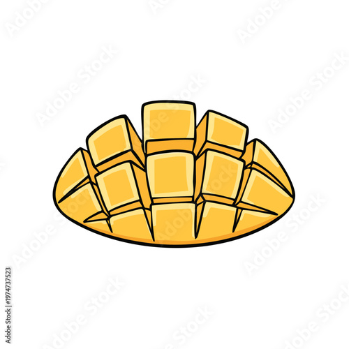 Diced Mango Half Illustration with Yellow Flesh and Outline