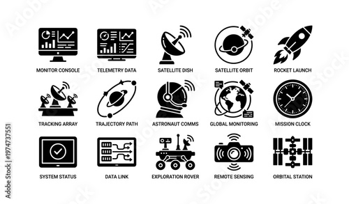 Space exploration icons including satellite, rocket, astronaut, global monitoring, and mission clock