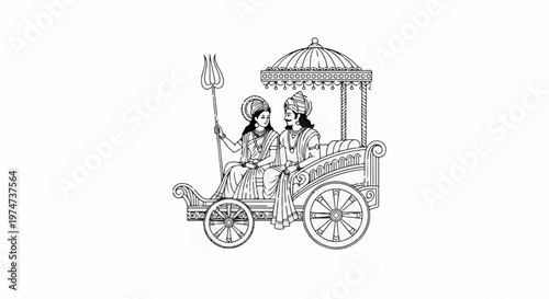 Stylized illustration of a couple on a chariot, holding a trident