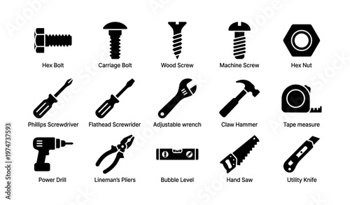 Silhouette icons of common tools and hardware for construction