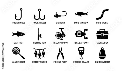 Fishing equipment icons: hooks, lures, bait, tackle box, net, scales