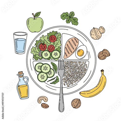 Healthy food plate with balanced diet including chicken, egg, lentils, salad, nuts, banana, apple, water, and olive oil.