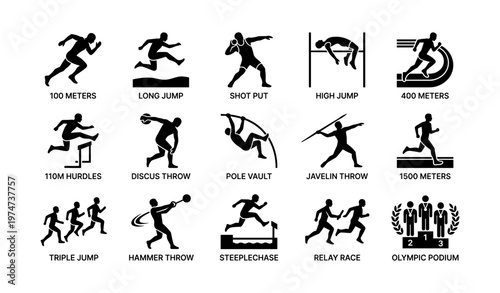 Silhouette icons of track and field events showcasing olympic athletics