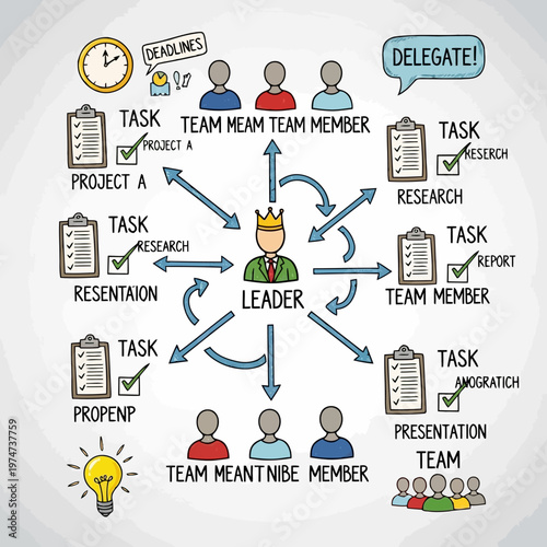 Leader delegating tasks and managing a project with team members, deadlines, research, reports, and presentations.