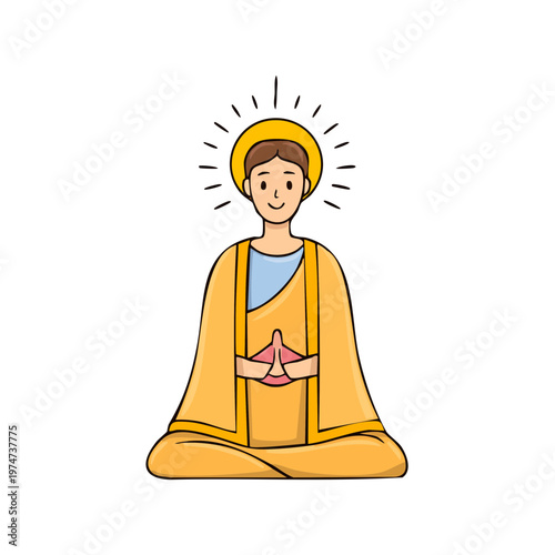 Spiritual figure in meditation with halo and yellow robes serene pose