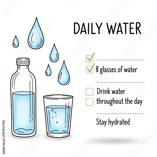 Daily water intake checklist with checked boxes glass bottle drops and text for hydration reminder and healthy habit tracking.