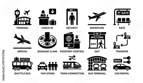 Transportation icon set: airport check-in, security, departure, arrival, transfer