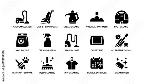 Home cleaning equipment and supplies icons for effective floor care
