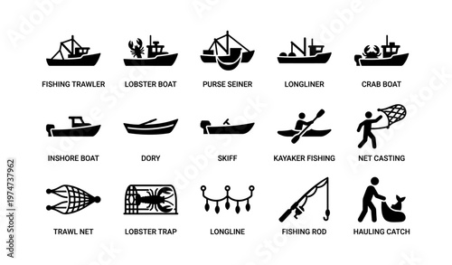 Vector icons of fishing vessels and equipment including trawler and lobster boat