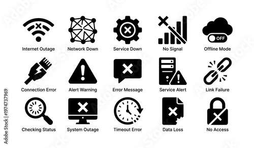 Internet and network outage icons depicting errors and warnings