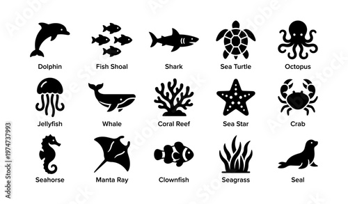 Marine life icons: dolphin, shark, sea turtle, octopus, and more