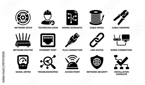 Network setup and maintenance icons: router, security, cabling, troubleshooting