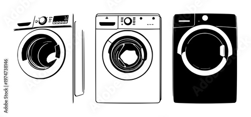 Washing machine set with black silhouette on white background featuring washing machine, black silhouette, appliance with front control panel and standby power button