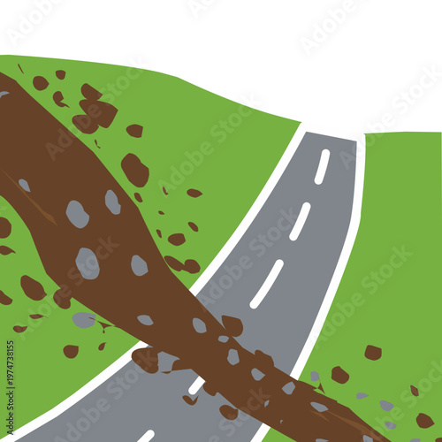 Illustration of a landslide on a highway. Vector of a large landslide blocking a highway. Flat design of a natural disaster. Vector illustration of natural damage
