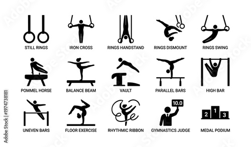 Gymnastics pictograms: apparatus and skills in black icons