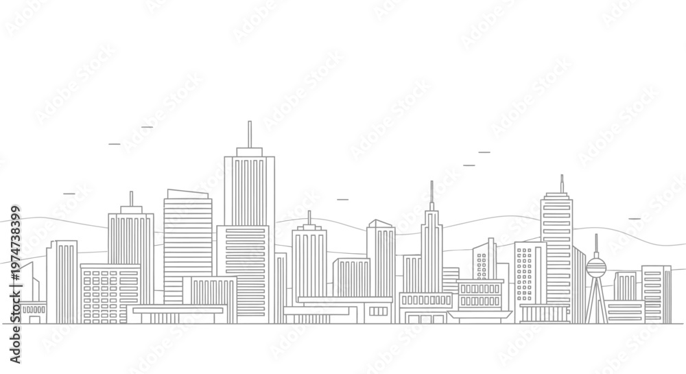Fototapeta premium Black and white outline cityscape with modern architecture