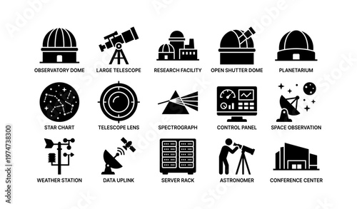 Observatory and astronomy equipment icons featuring telescopes and research facilities