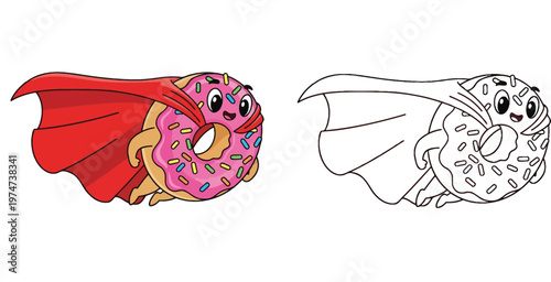 Cartoon Superhero Donut Flying with Red Cape Illustration and Coloring Page Outline for Kids Activity