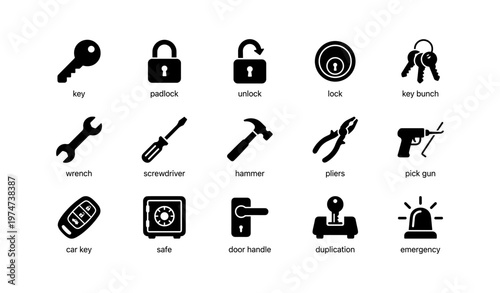 Various locksmith tools and symbols for security and repair